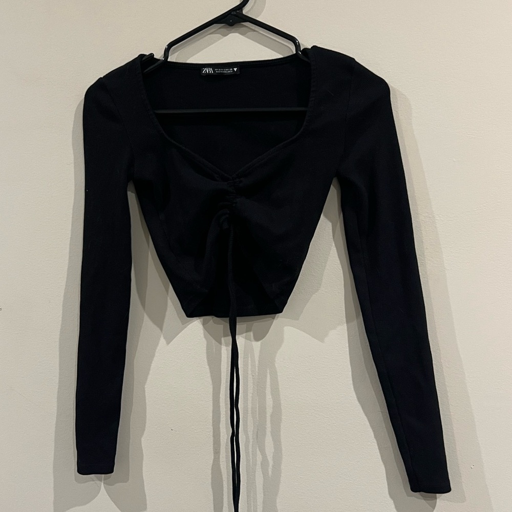 Zara Ribbed Black Crop Long Sleeve Top